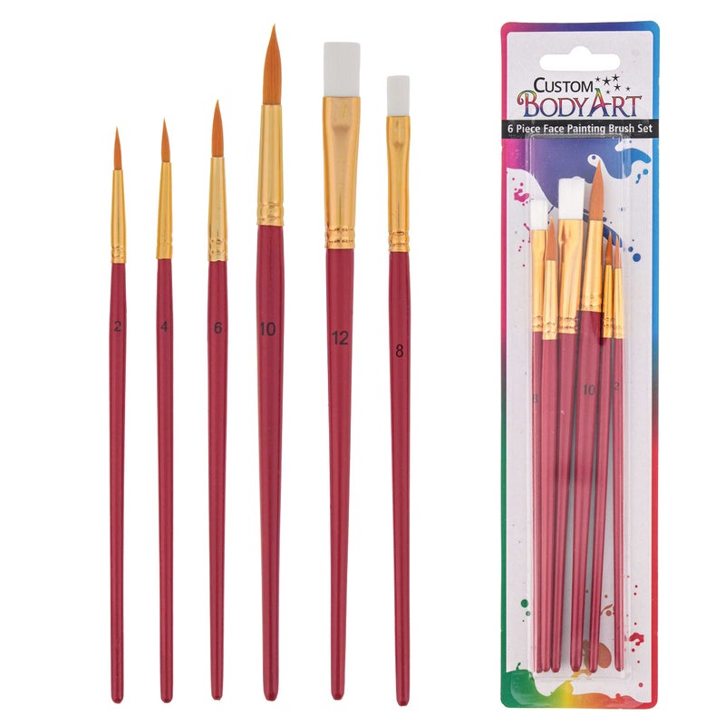 Custom Body Art 6 Piece Nylon Hair Face Painting Brush Set - 4 Round Size 2-4-6-10, 2 Flat Size 8-12 alos Great for Watercolor and Acrylic Paints - Image 1